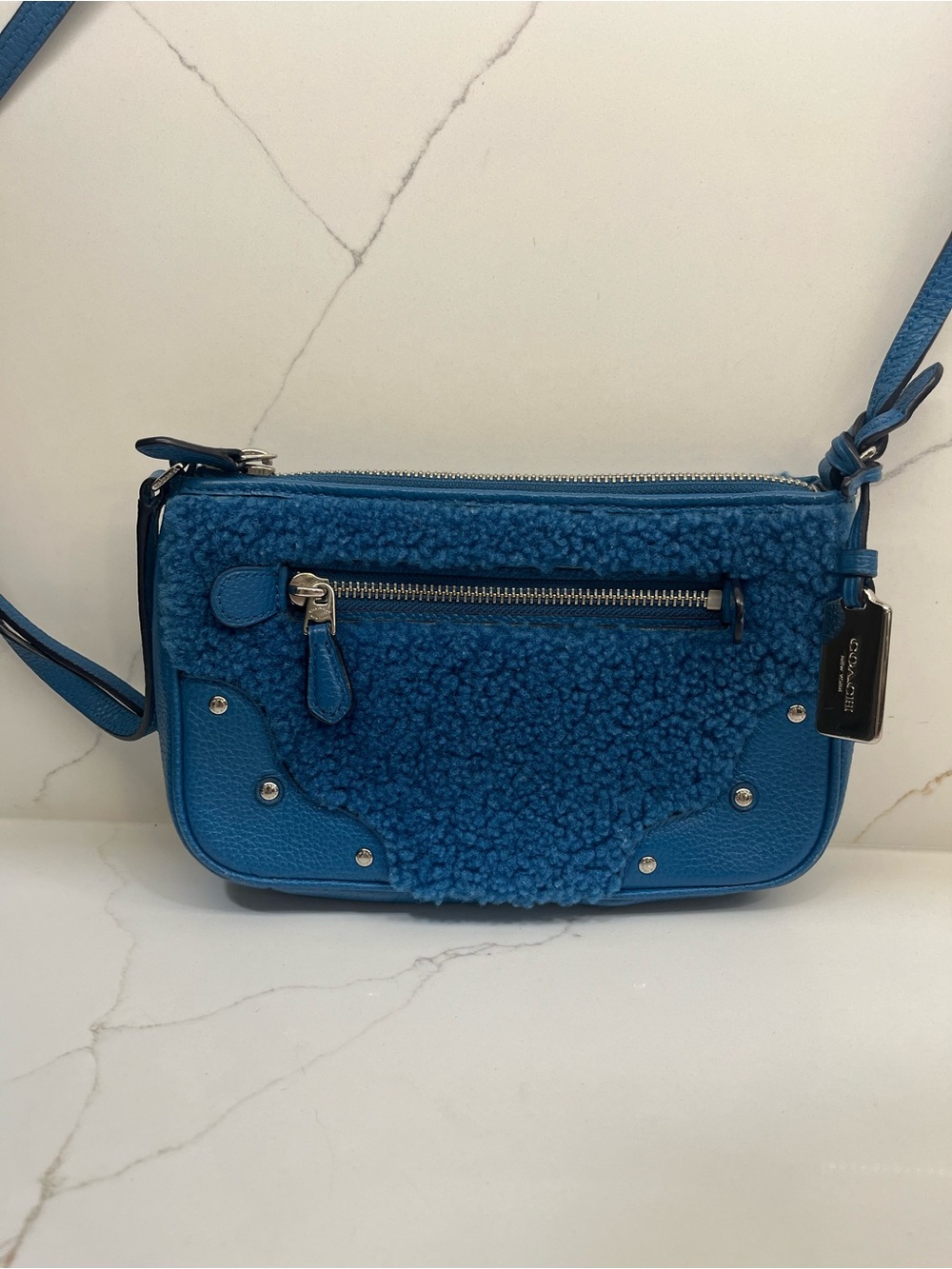 Coach Blue Shearling & Pebbled Leather Crossbody Bag - Picture 10 of 11